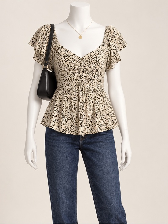 Japna Tops - Japna Leopard Animal Print Ruched Sweetheart Flutter Sleeve Peplum Blouse M